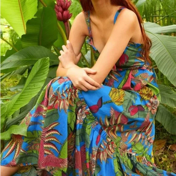 🎉Hist Pick🎉 Farm Rio Totally Tuiuiu Halter Maxi Dress size L - Picture 2 of 15